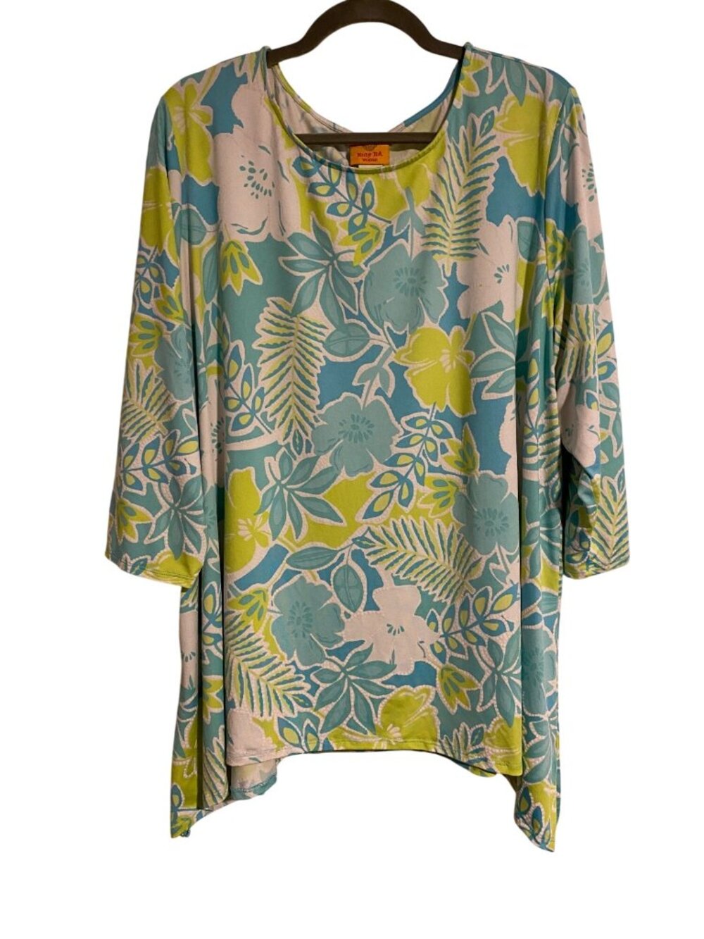 Ruby Rd Woman 3X Blue Green Tunic Top Floral Print 3/4 Sleeve Tropical Lagenlook